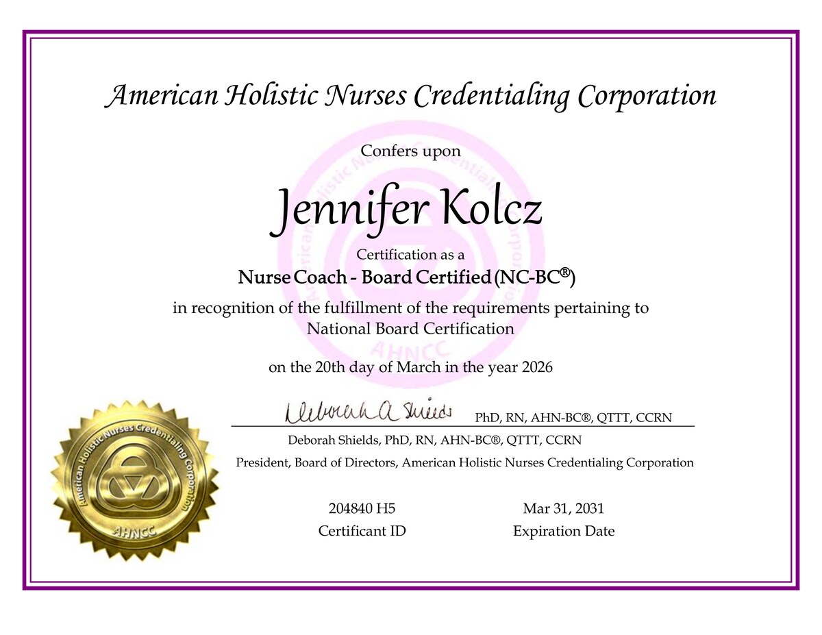 Preview of Jennifer Kolcz's Nurse Coach Board Certified certificate
