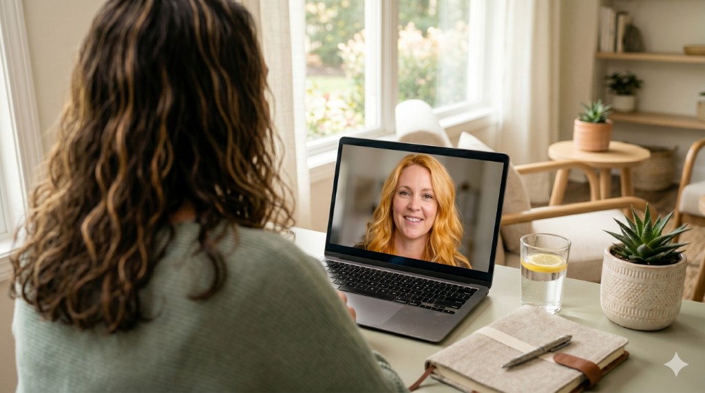Client on a virtual 1-on-1 nurse coaching call from a sunlit home office