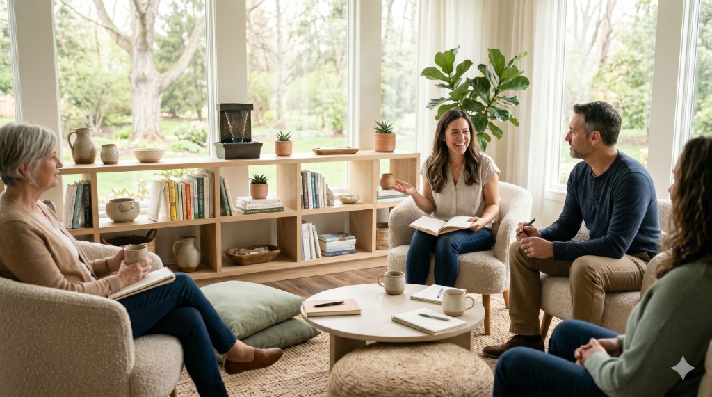 Small group coaching session in a bright, welcoming room with engaged participants