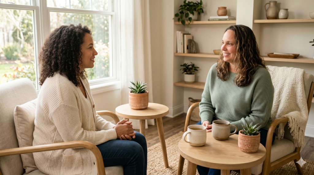 Jennifer in a warm, in-person coaching conversation with a client over coffee