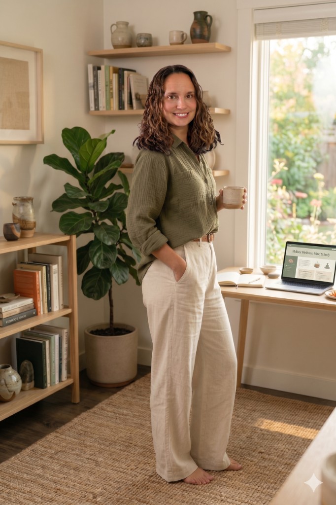 Jennifer Kolcz at home with a warm cup of tea, plants, books, and her workstation in the background