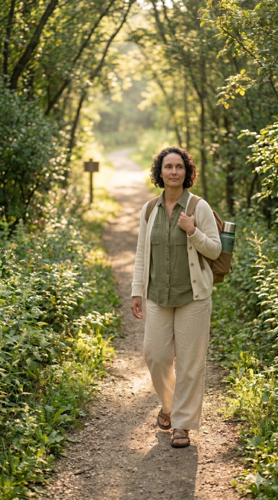 Jennifer walking a sunlit forest trail with a backpack and water bottle