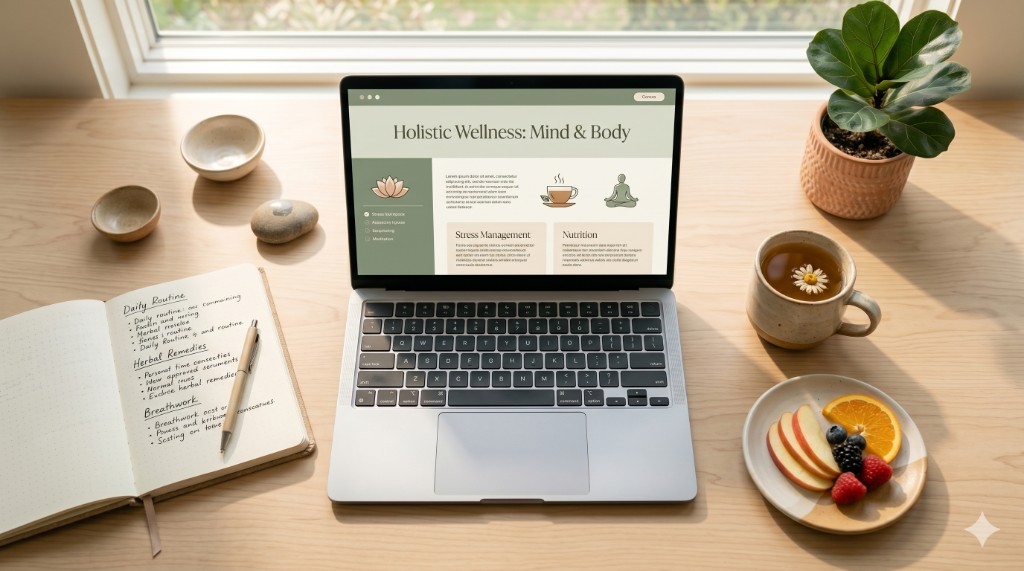 Self-paced Holistic Wellness online course on a laptop, with a journal, tea, and fresh fruit